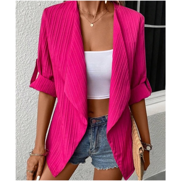 Ribbed Open front Cuffed Sleeve Blazer Jacket - Picture 10 of 13